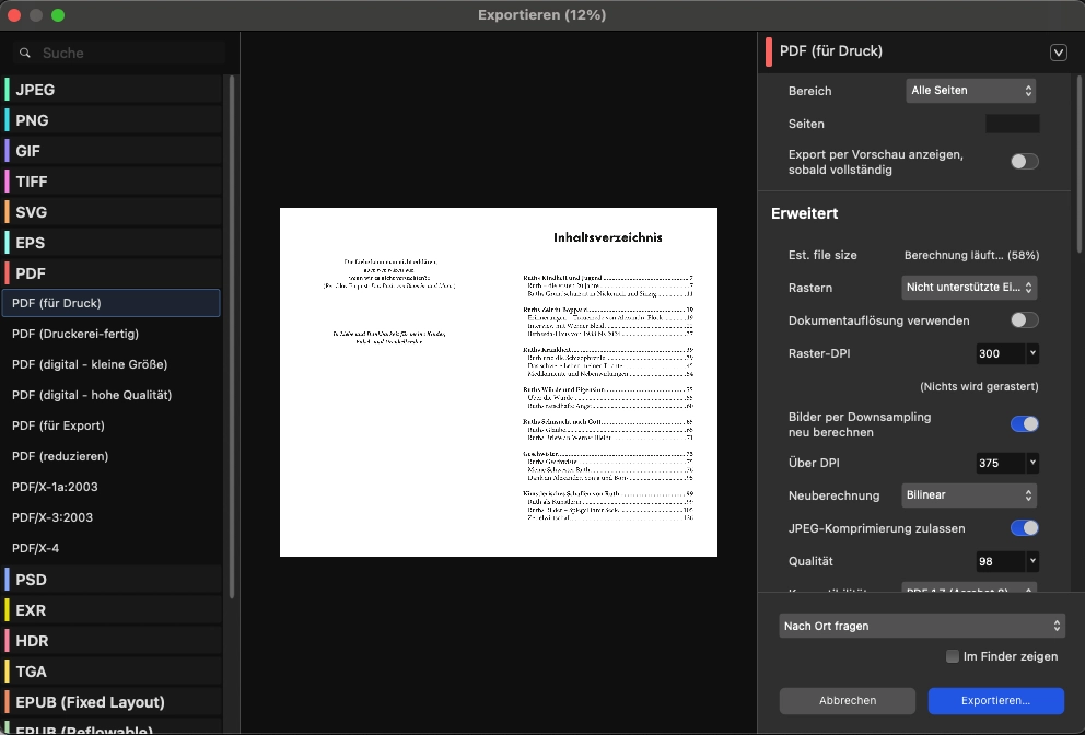 Screenshot der Exporteinstellungen